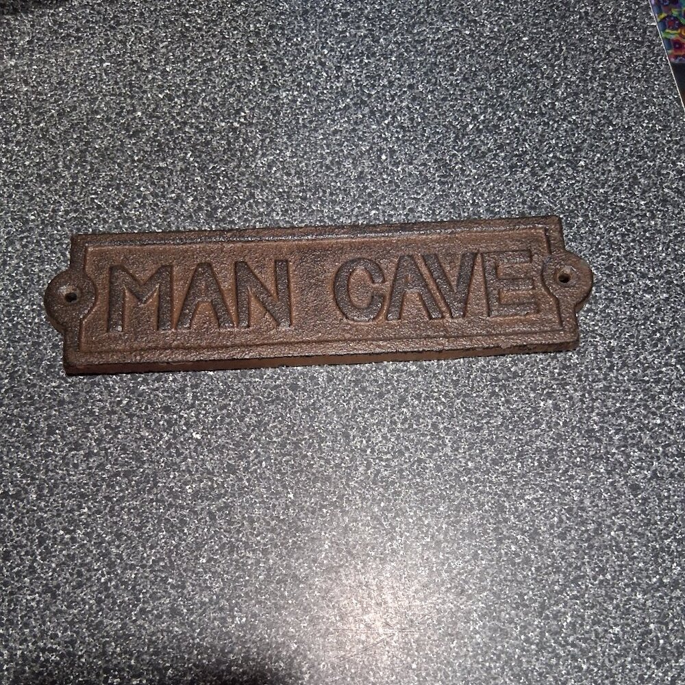 Rustic Man Cave Sign Cast Iron Door Plaque 8 1/2" x 2 1/4"